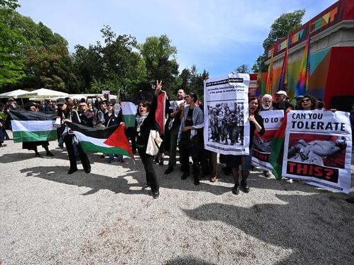 Demonstranten mit palästinensischen Fahnen protestieren beim Pre-Opening im Giardini auf dem Gelände der Kunstbiennale in Venedig.