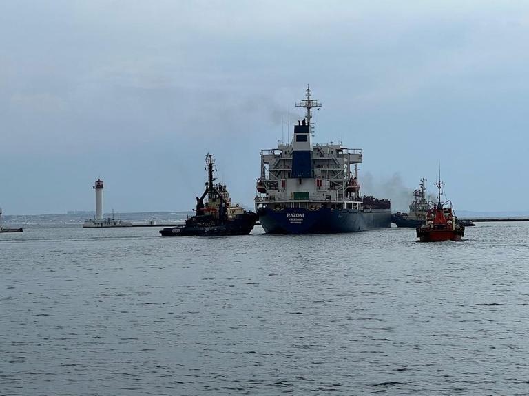 Ein Frachter mit Getreide im Hafen von Odessa 