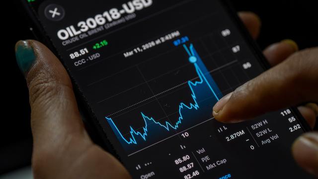 Ein Hand hält ein Mobiltelefon auf dem der Chart des Ölpreises zu sehen ist, der stark angestiegen ist.