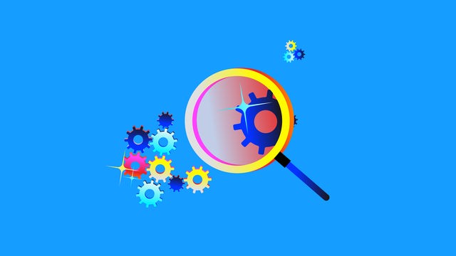 Illustration einer Lupe um die herum Zahnräder schweben. Ein Zahnrad wird in der Lupe vergrößert.