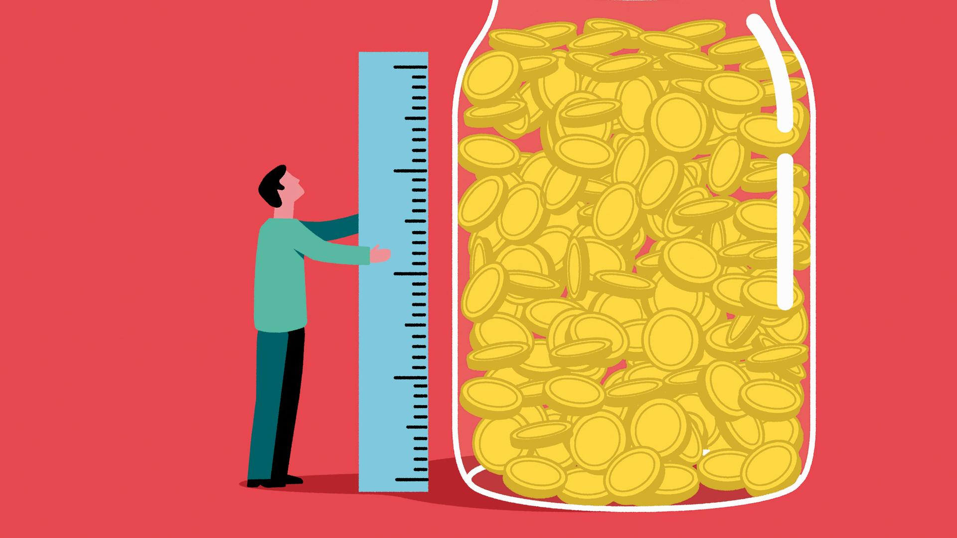 Illustration: Ein Mann misst Münzen in einem großen Glas mit einem Lineal. Illustration: Ein Mann misst Münzen in einem großen Glas mit einem Lineal.