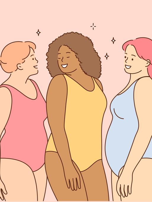 Grafische Zeichnung von drei lächelnden Frauen im Badeanzug
