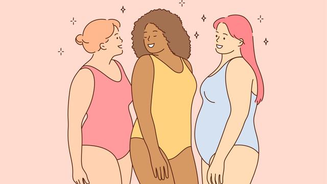 Grafische Zeichnung von drei lächelnden Frauen im Badeanzug