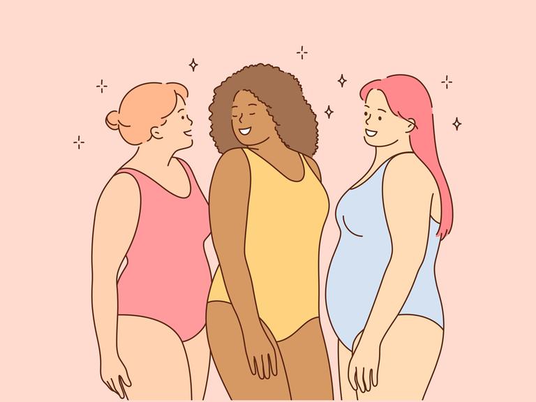 Grafische Zeichnung von drei lächelnden Frauen im Badeanzug