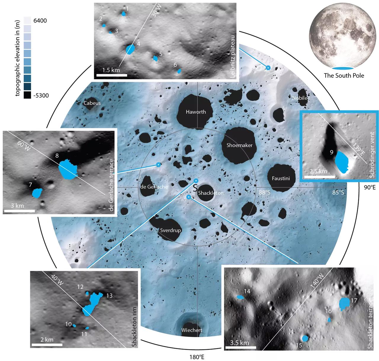 Die 17 untersuchten Krater befinden sich in der Nähe des Mondsüdpols 