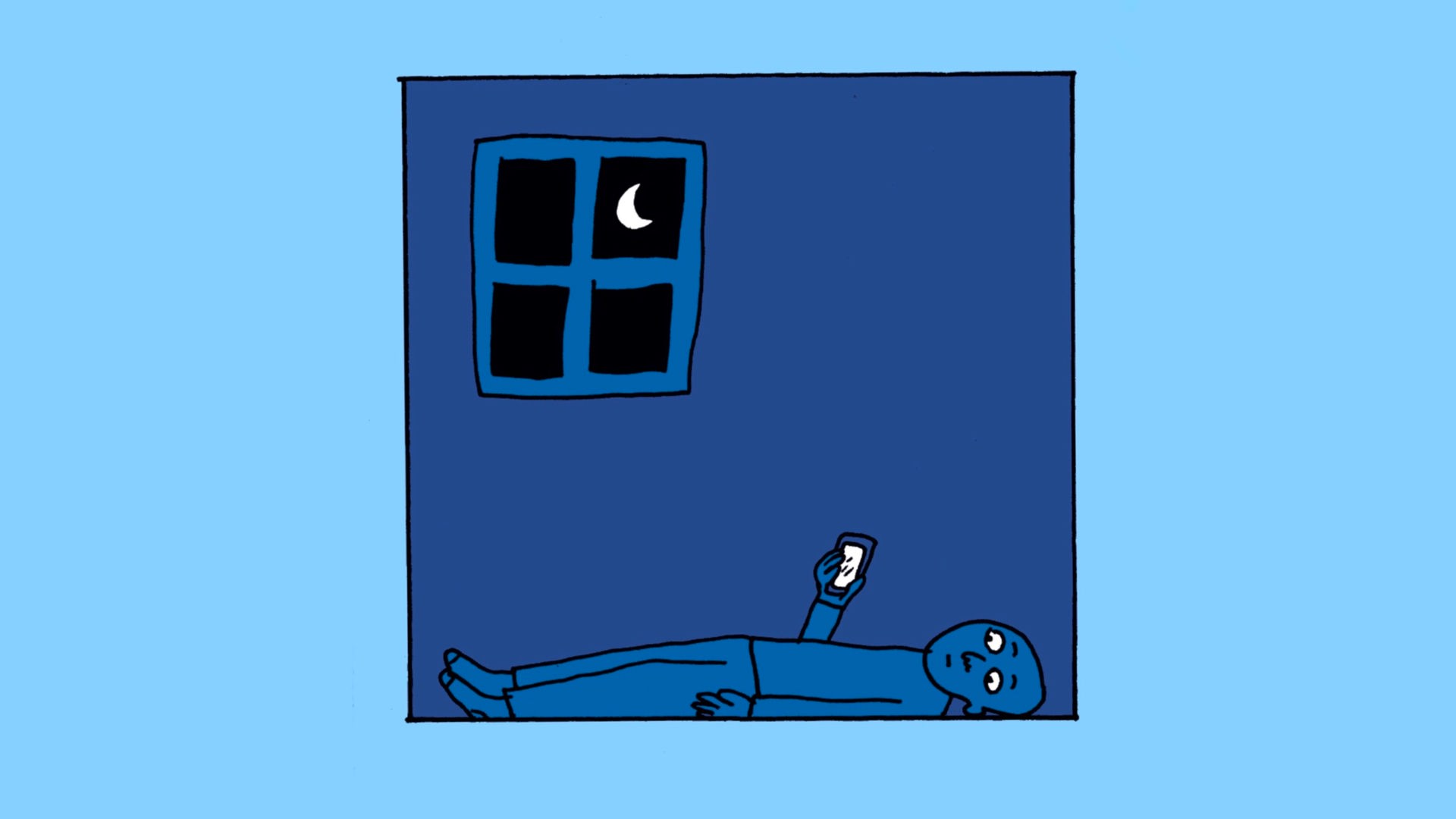 Zeichnung von Liv Strömquist: Eine Figur liegt bei Nacht im Zimmer auf dem Boden und blickt auf das erleuchtete Handy.