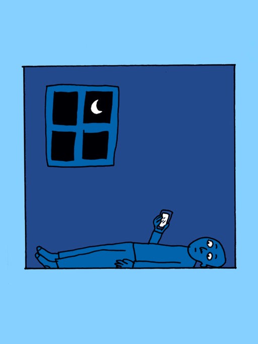 Zeichnung von Liv Strömquist: Eine Figur liegt bei Nacht im Zimmer auf dem Boden und blickt auf das erleuchtete Handy.