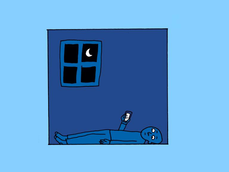 Zeichnung von Liv Strömquist: Eine Figur liegt bei Nacht im Zimmer auf dem Boden und blickt auf das erleuchtete Handy.