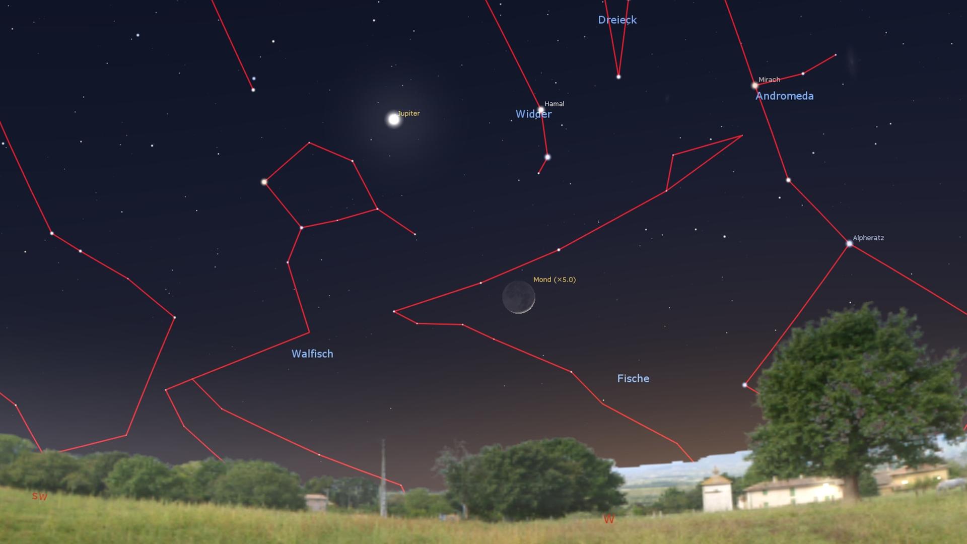 Am Sternenhimmel sind der Mond, Jupiter und verschiedene Sternenbilder zu sehen.