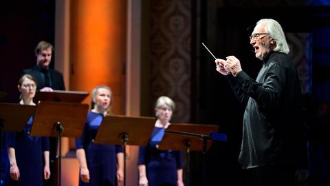 Choirmaster Tonu Kaljuste, right, and the Estonian Philharmonic Chamber Choir perform at the concert as part of the Prague Spring International Music Festival on 19 May 2025, Prague, Czech Republic. The programme included works by Estonian composer Arvo Part on the occasion of his 90th birthday. (CTK Photo/Roman Vondrous)