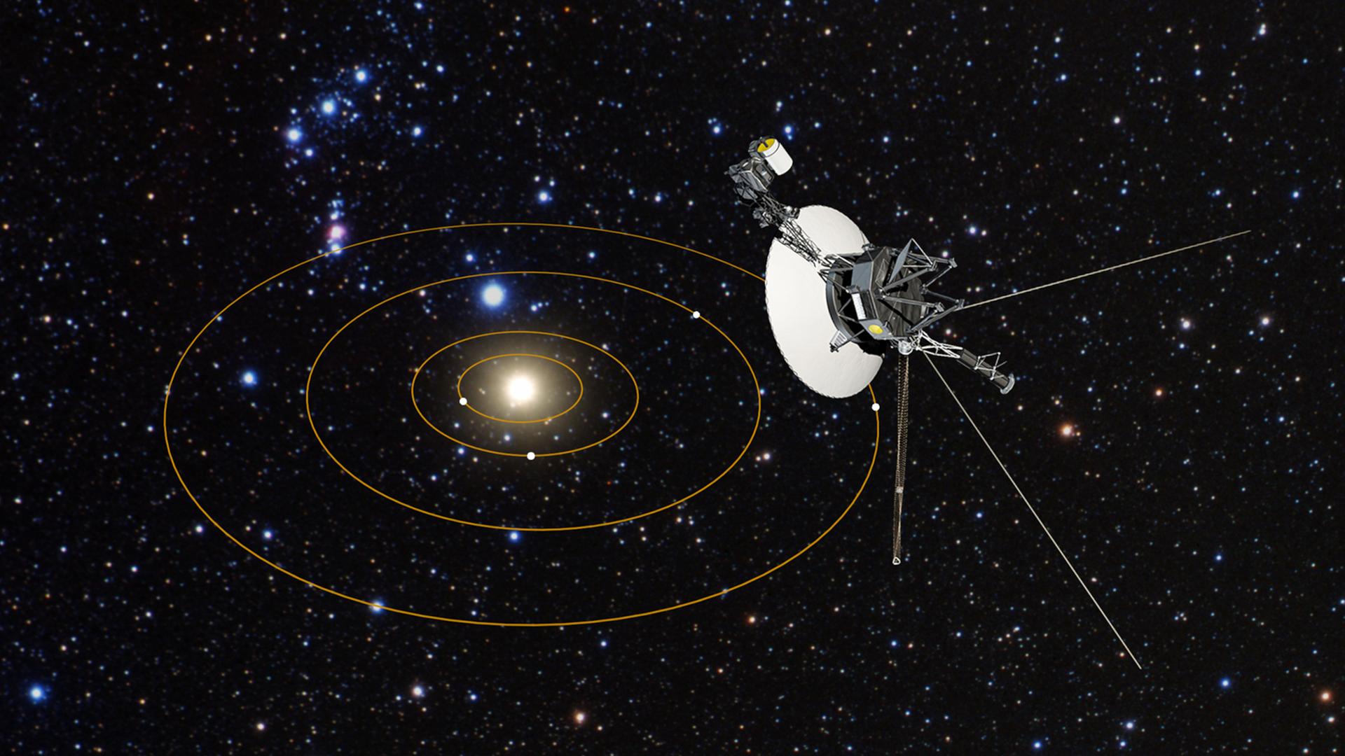 Künstlerische Darstellung der Raumsonde Voyager 1, die sich im interstellaren Raum befindet. 