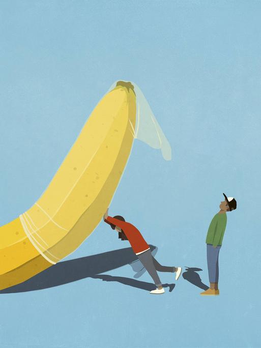 Grafik von zwei Menschen, die vor einer übergroßen Banane stehen, über die ein Kondom gestülpt wurde.