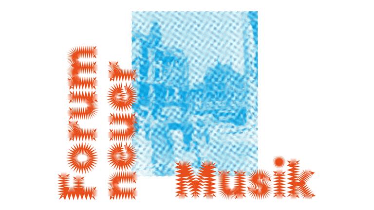 Im Schriftzug "Forum neuer Musik" erscheint ein blau verpixeltes Bild, auf dem man Menschen vor Kriegsruinen erkennen kann.