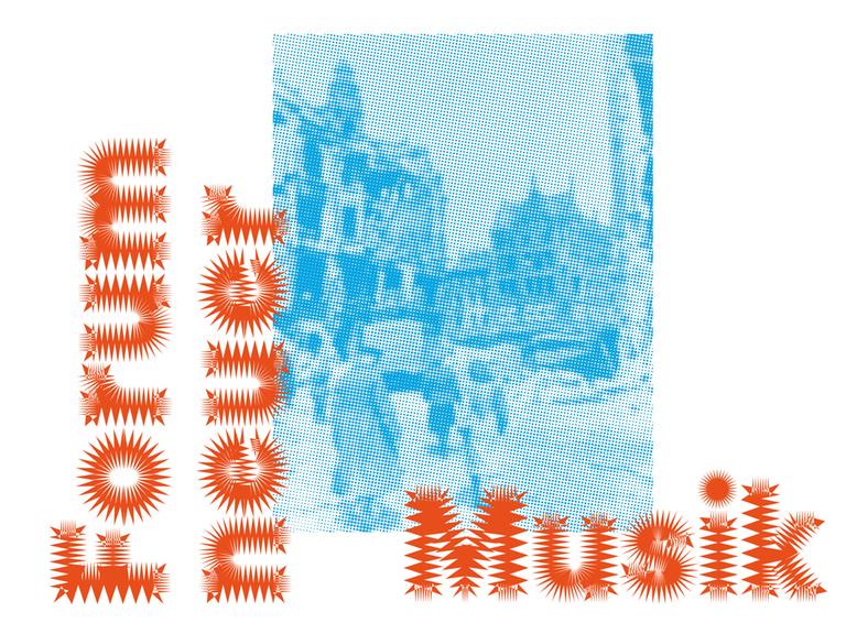 Im Schriftzug "Forum neuer Musik" erscheint ein blau verpixeltes Bild, auf dem man Menschen vor Kriegsruinen erkennen kann.