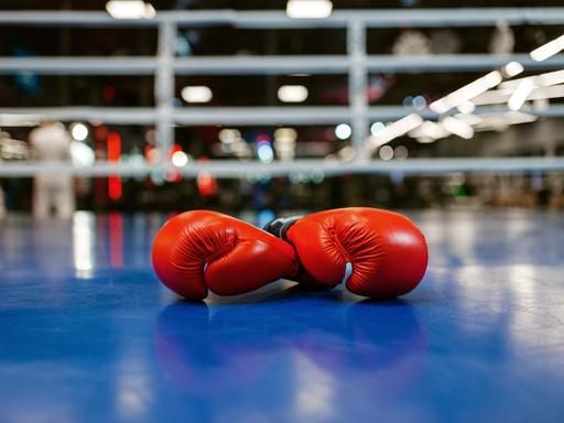 Zwei rote Boxhandschuhe liegen in einem blauen Boxring.