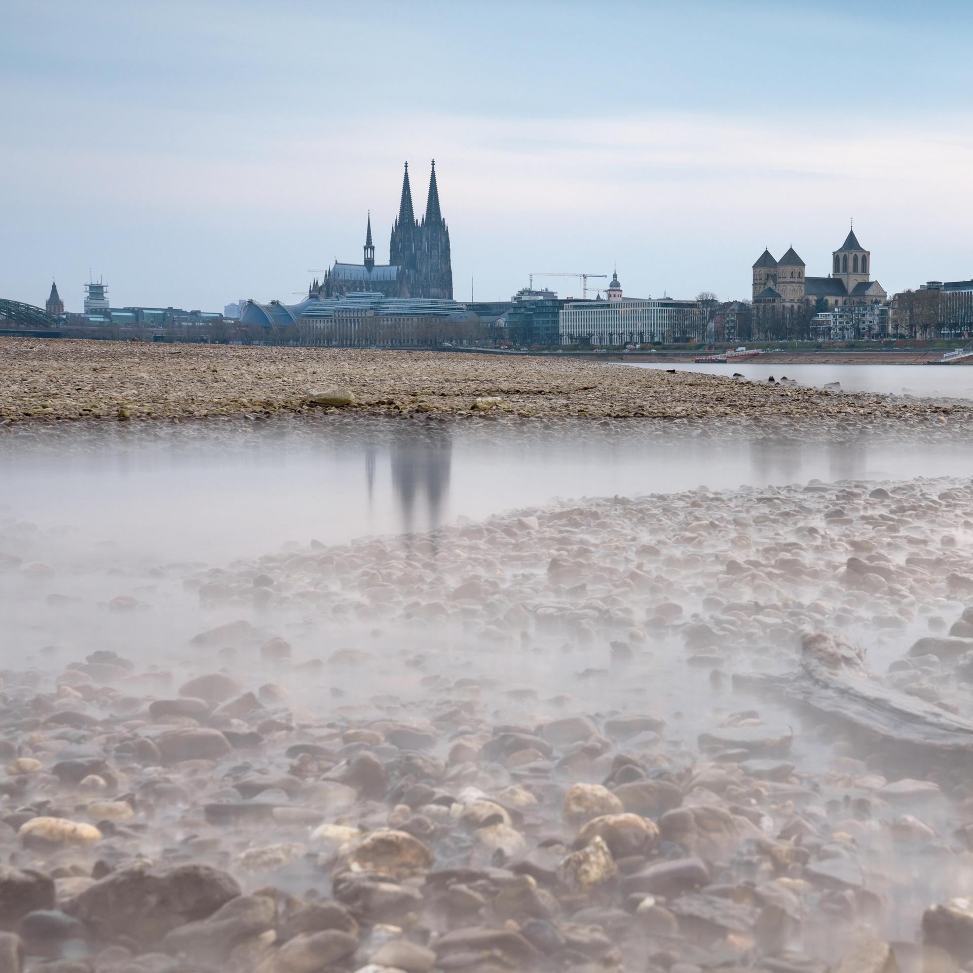 Niedrigwasser durch Dürre im Rhein bei Köln. Immer Hintergrund ist leicht unscharf der Kölner Dom zu sehen.
