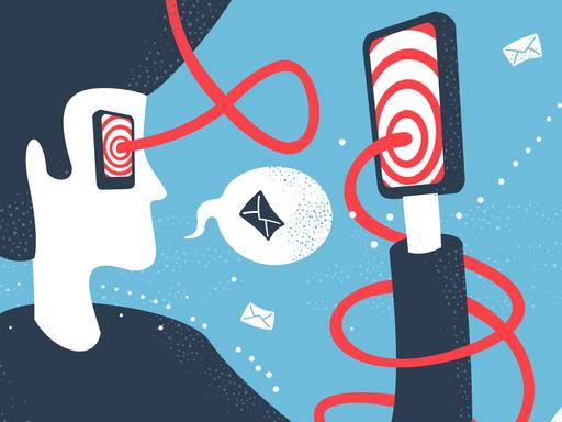 Illustration eines Mannes, der in ein Smartphone schaut, auf dem ein weiß-roter Strudel angezeigt wird. Das gleiche Muster spiegelt sich auch in seinen Augen.