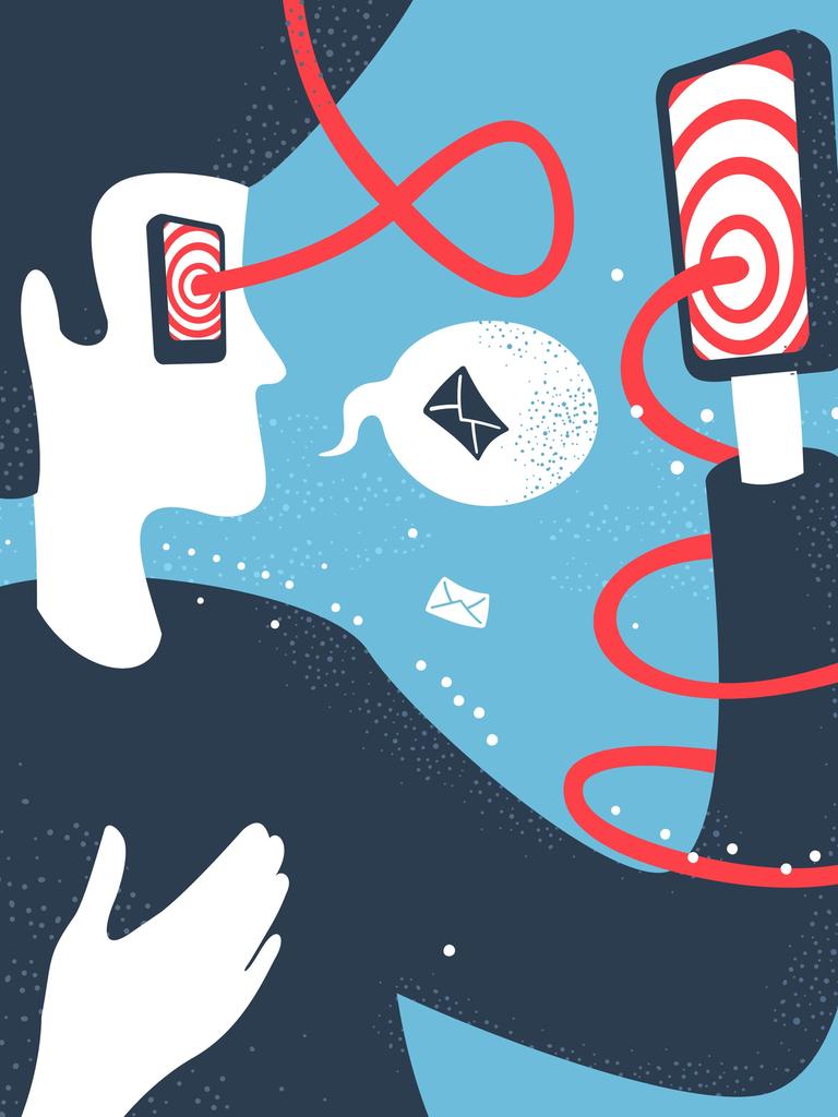 Illustration eines Mannes, der in ein Smartphone schaut, auf dem ein weiß-roter Strudel angezeigt wird. Das gleiche Muster spiegelt sich auch in seinen Augen.