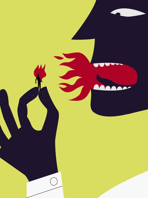 Illustration: Zu sehen ist die Silhouette einer Menschengestalt vor gelbem Hintergrund, aus deren Mund eine rote Flamme kommt. In der Hand hält sie eine kleinere Gestalt, die sie anzündet. 