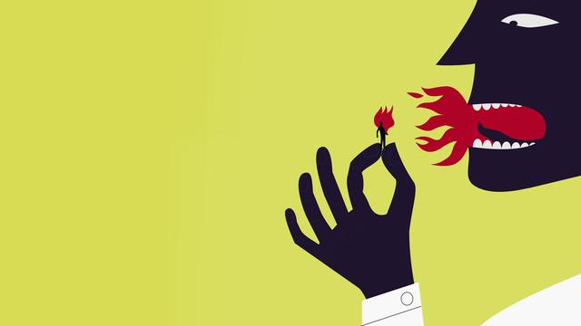 Illustration: Zu sehen ist die Silhouette einer Menschengestalt vor gelbem Hintergrund, aus deren Mund eine rote Flamme kommt. In der Hand hält sie eine kleinere Gestalt, die sie anzündet. 