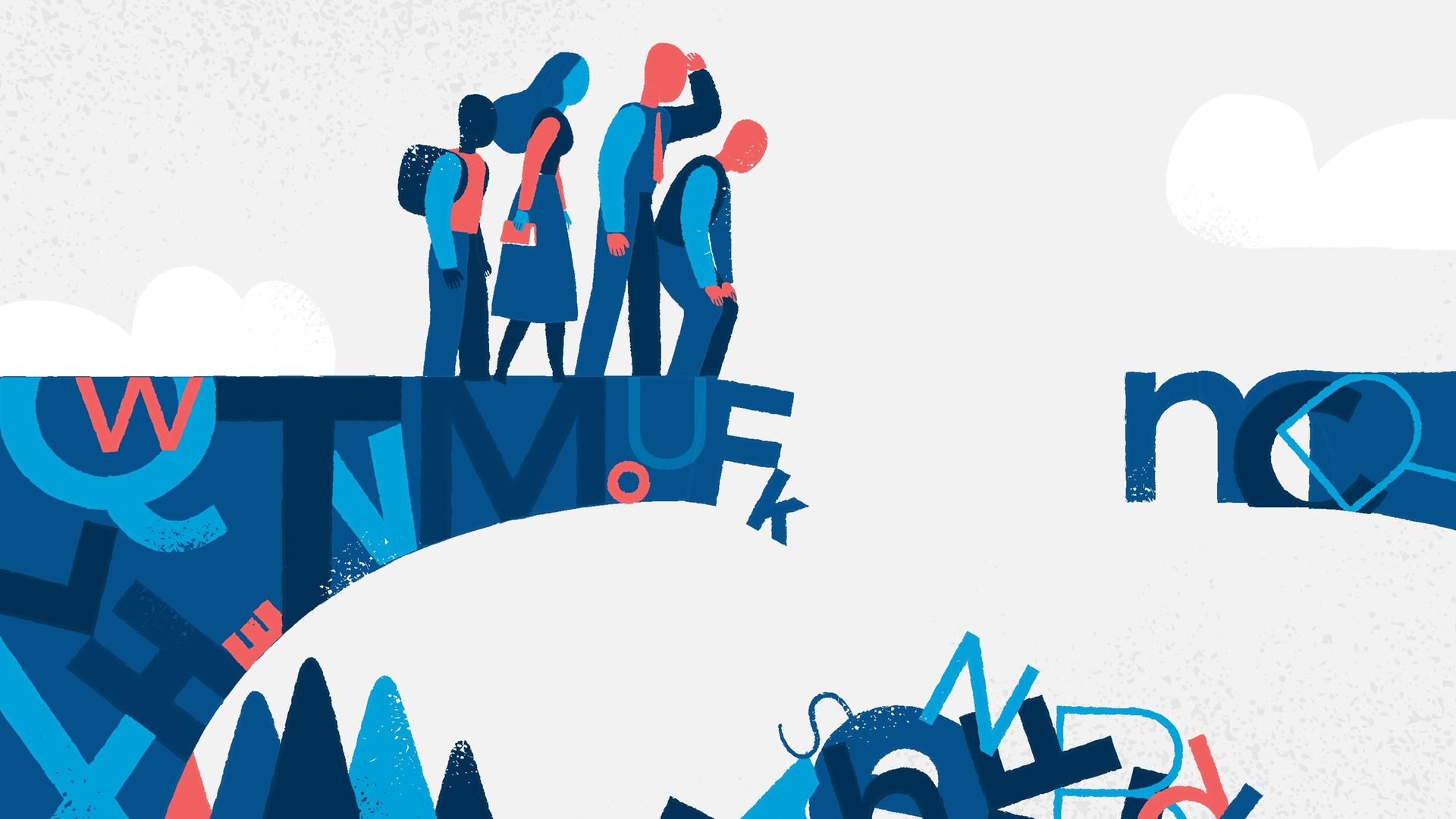 Eine Illustration zeigt eine zerstörte Brücke geformt aus Buchstaben, auf der verschiedene Menschen unterschiedlicher kultureller Herkunft stehen. Eine Illustration zeigt eine zerstörte Brücke geformt aus Buchstaben, auf der verschiedene Menschen unterschiedlicher kultureller Herkunft stehen.