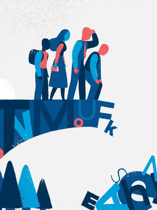 Eine Illustration zeigt eine zerstörte Brücke geformt aus Buchstaben, auf der verschiedene Menschen unterschiedlicher kultureller Herkunft stehen.