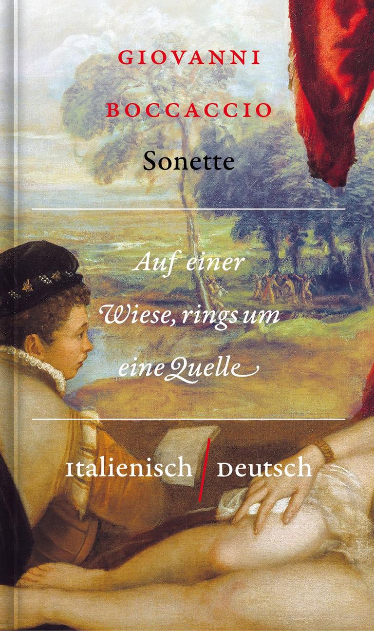 Neuausgabe der Liebessonette des italienischen Dichters Bocaccio. Das Gemälde eines Knaben mit Kappe, der auf eine liebliche Landschaft schaut, ziert das Buchcover.