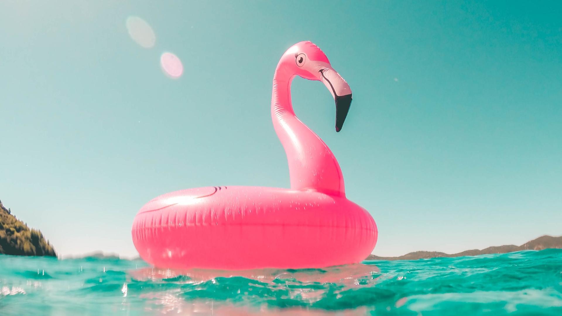 Ein aufblasbarer Flamingo im Meer.