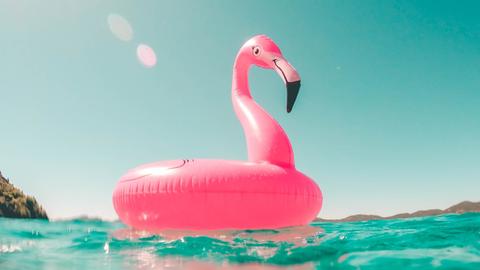 Ein aufblasbarer Flamingo im Meer.