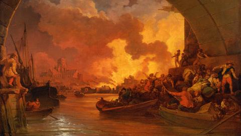 Auf einem Gemälde von Philippe-Jacques de Loutherbourg ist der Große Brand von London von 1666 abgebildet. Das Bild ist stark in rot und orange gehalten. Im Vordergrund sitzen Menschen in Holzbooten, die aus sicherer Entfernung die Flammen beobachten.
