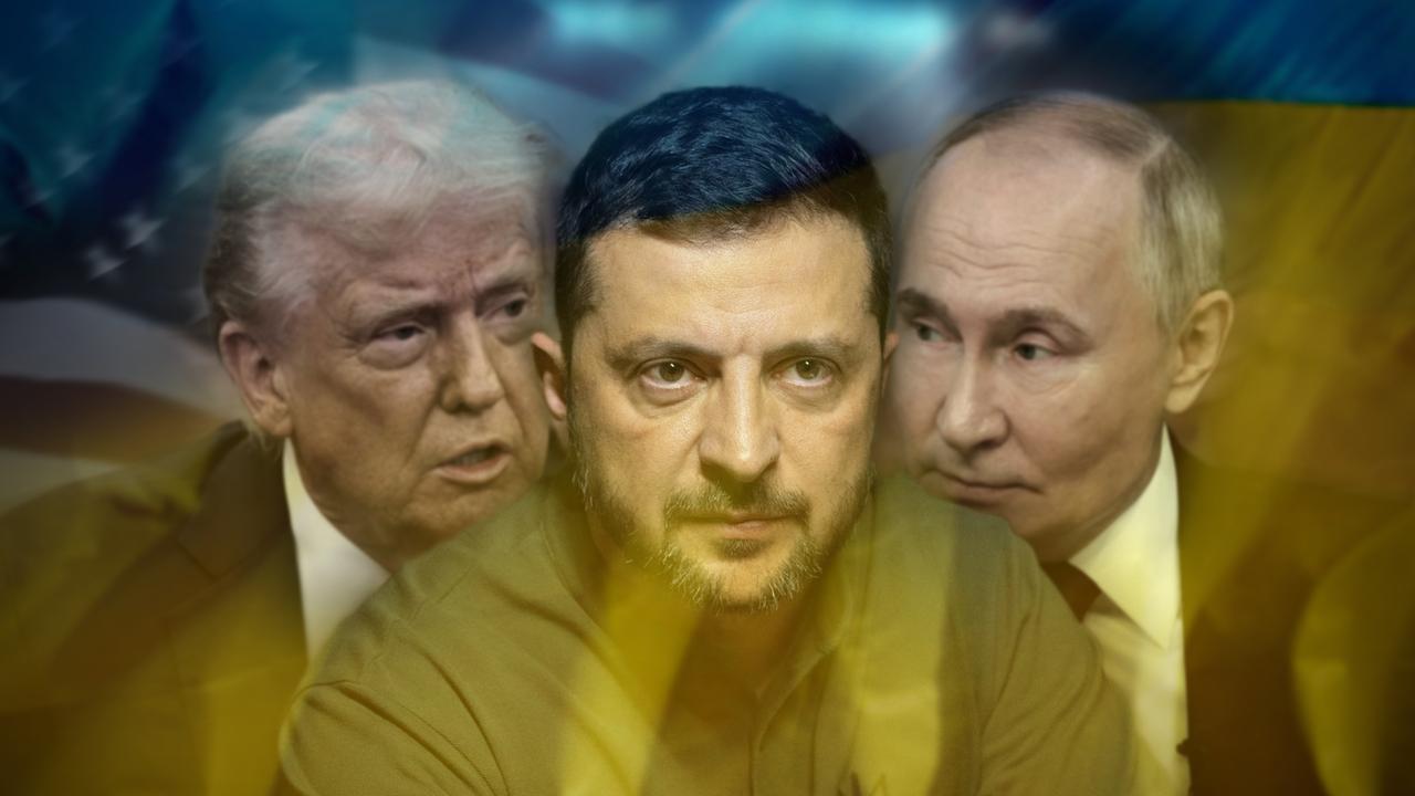 Fotomontage von US-Präsident Donald Trump (l.), Ukraines Präsident Wolodymyr Selenskyj (M.) und Russlands Präsident Wladimir Putin