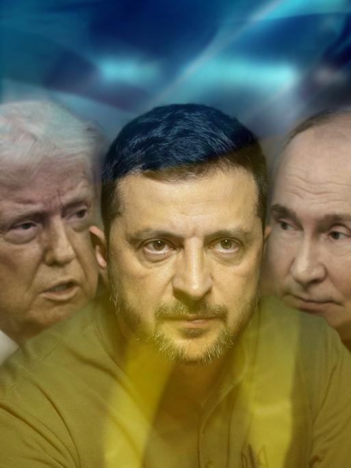 Fotomontage von US-Präsident Donald Trump (l.), Ukraines Präsident Wolodymyr Selenskyj (M.) und Russlands Präsident Wladimir Putin