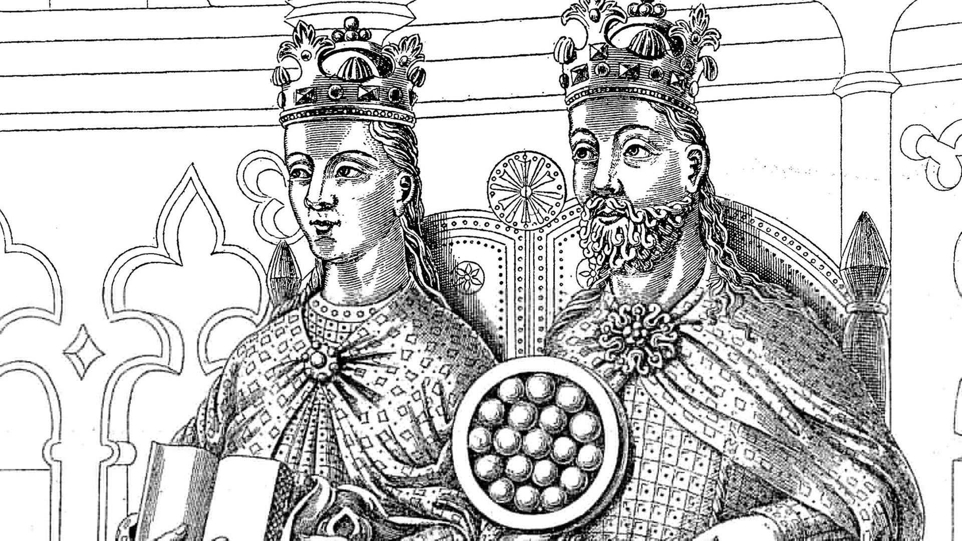 Das schwarz-weiß Bild zeigt eine Statue des römisch-deutschen Kaisers Otto I. und seiner Gattin Editha. Das schwarz-weiß Bild zeigt eine Statue des römisch-deutschen Kaisers Otto I. und seiner Gattin Editha.