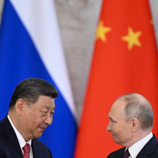 Wladimir Putin und Xi Jinping stehen vor der russischen und der chinesischen Flagge und schütteln sich die Hände.