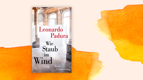 Das Cover zeigt einen Innenraum mit alten Marmorsäulen, durch die alten Fenster fällt grelles Licht. Darüber sind Buchtitel und Autorenname zu sehen. Hinter dem Buch sind orangene Farbverläufe.
