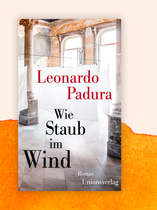 Das Cover zeigt einen Innenraum mit alten Marmorsäulen, durch die alten Fenster fällt grelles Licht. Darüber sind Buchtitel und Autorenname zu sehen. Hinter dem Buch sind orangene Farbverläufe.