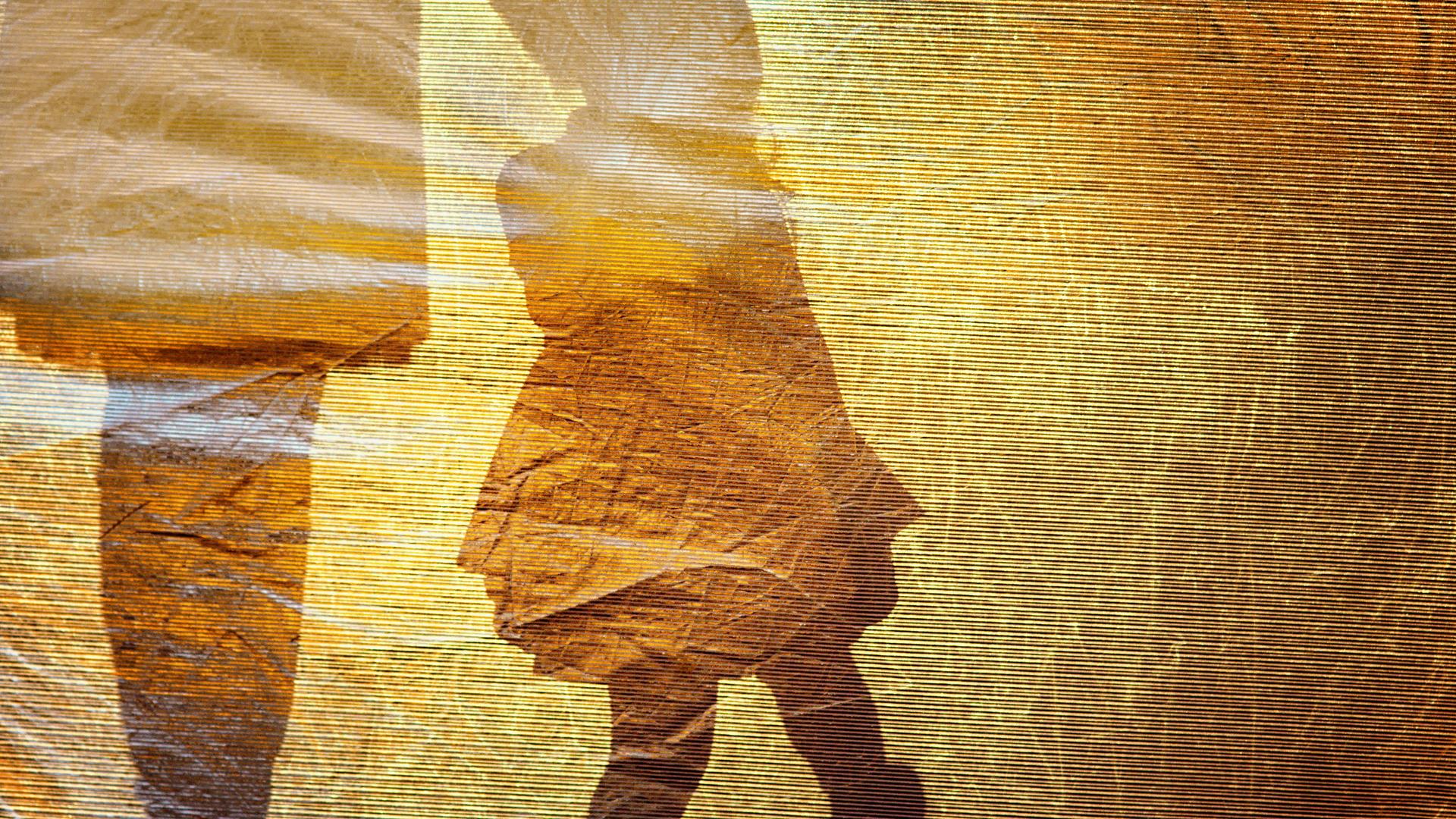 Der Schatten eines kleinen Mädchens an der Hand einer erwachsenen Person bildet sich auf einer goldfarbenen Oberfläche ab.