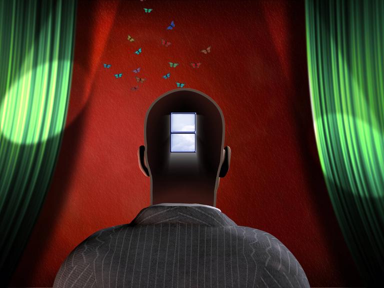 Die Illustration zeigt den Oberkörper eines Mannes von hinten, in dessen Kopf ein Fenster eingezeichnet ist, und der vor einer rot eingefärbten Bühne mit geöffnetem grünen Vorhang steht. Über seinem Kopf fliegen bunte Schmetterlinge.
