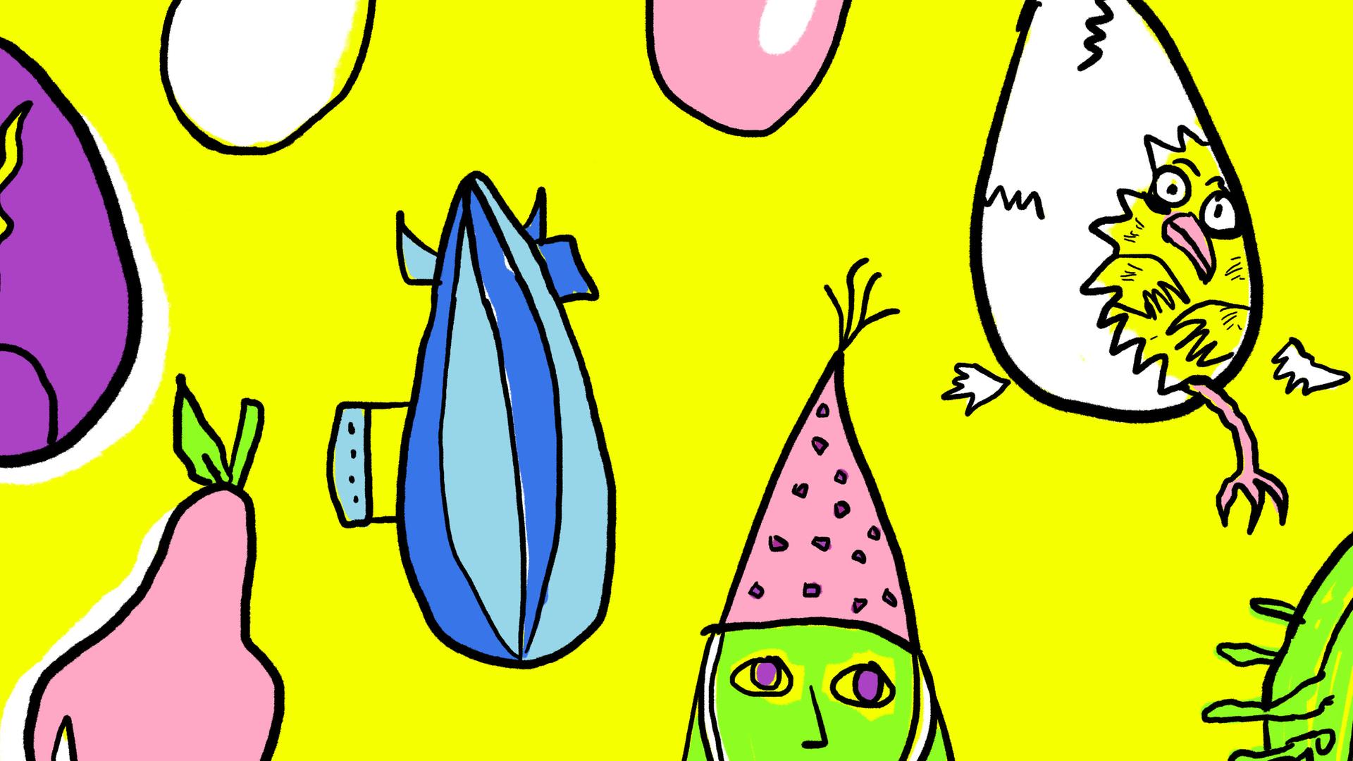 Illustration bunter doku drops vor gelbem Hintergrund.