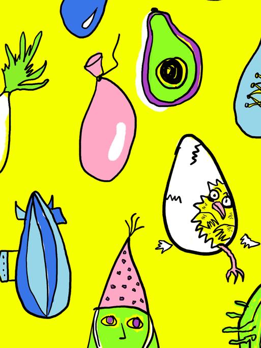 Illustration bunter doku drops vor gelbem Hintergrund.