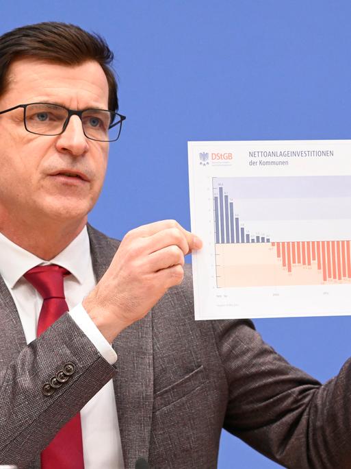 André Berghegger, Hauptgeschäftsführer des Deutschen Städte- und Gemeindebundes, hält bei der Bundespressekonferenz "Rückblick 2024 / Ausblick 2025" des Deutschen Städte- und Gemeindebundes eine Grafik in die Luft. André Berghegger, Hauptgeschäftsführer des Deutschen Städte- und Gemeindebundes, hält bei der Bundespressekonferenz "Rückblick 2024 / Ausblick 2025" des Deutschen Städte- und Gemeindebundes eine Grafik in die Luft.