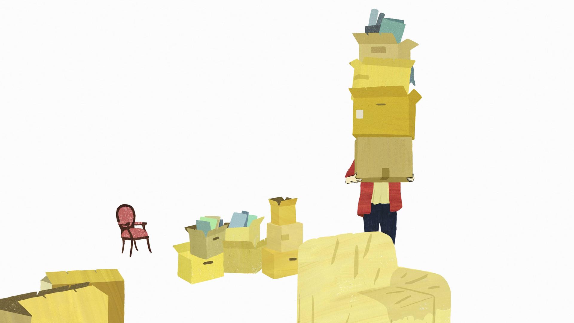 Illustration: Ein Mensch trägt einen Stapel Kisten durch eine Wohnung.