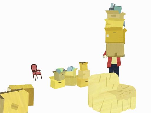 Illustration: Ein Mensch trägt einen Stapel Kisten durch eine Wohnung.