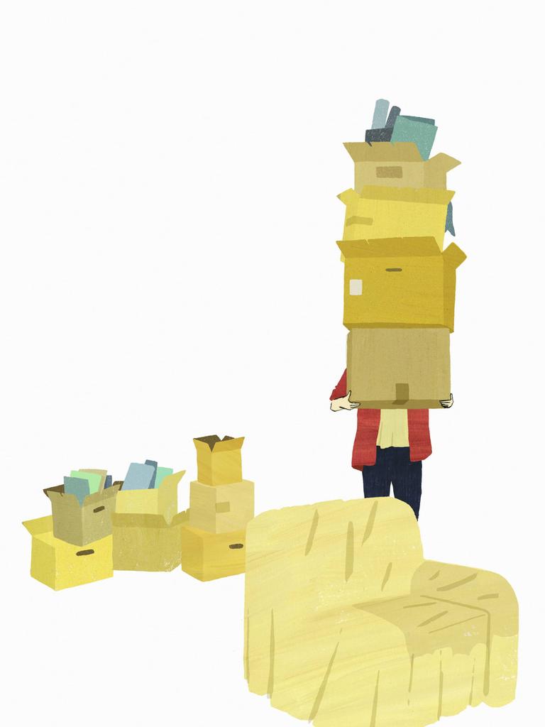 Illustration: Ein Mensch trägt einen Stapel Kisten durch eine Wohnung.