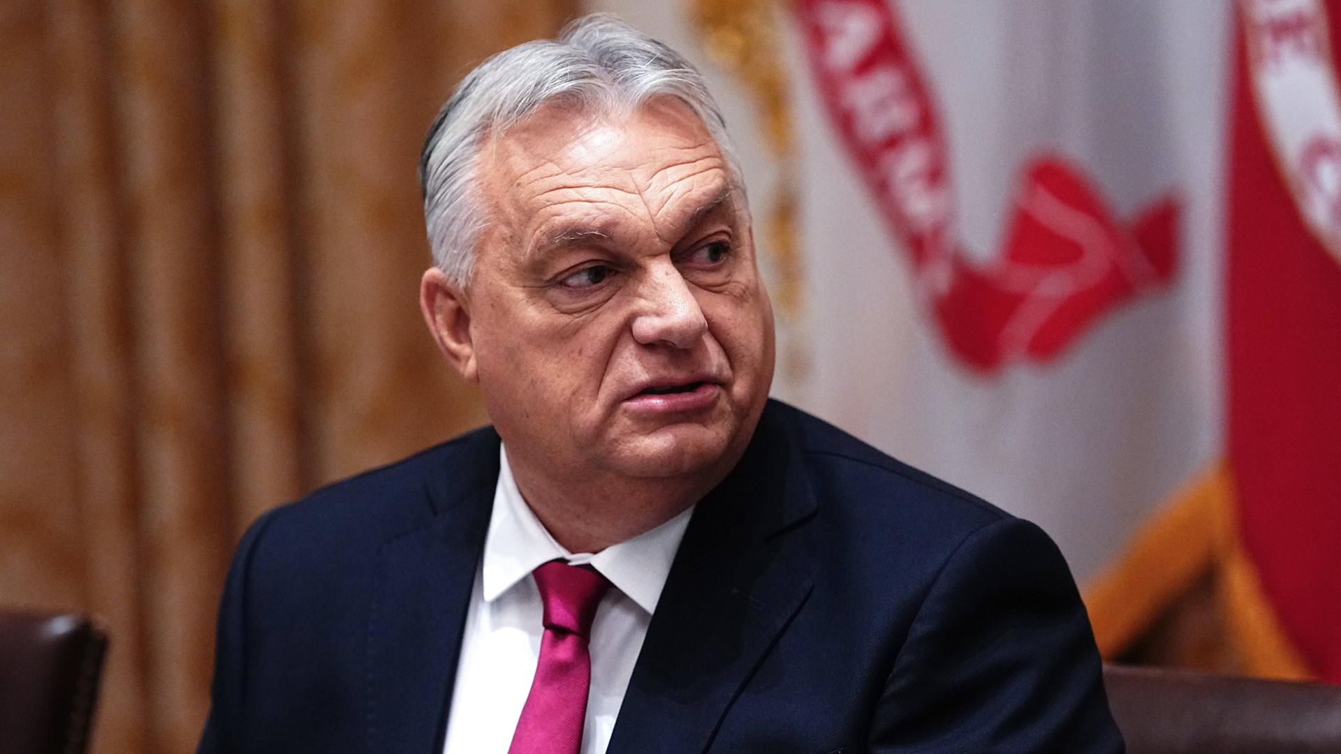 Victor Orbán blickt vor Flaggen ernst zur Seite