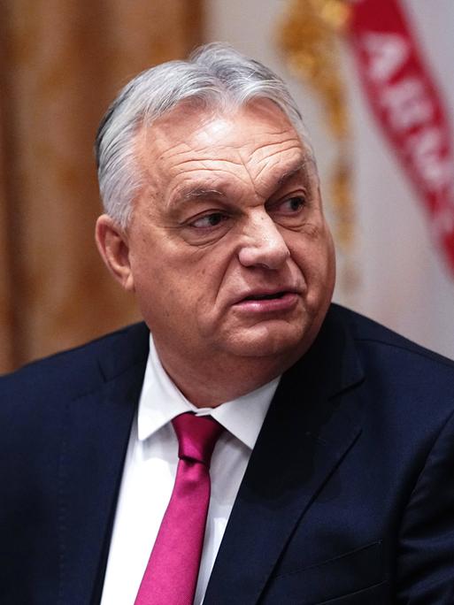 Victor Orbán blickt vor Flaggen ernst zur Seite