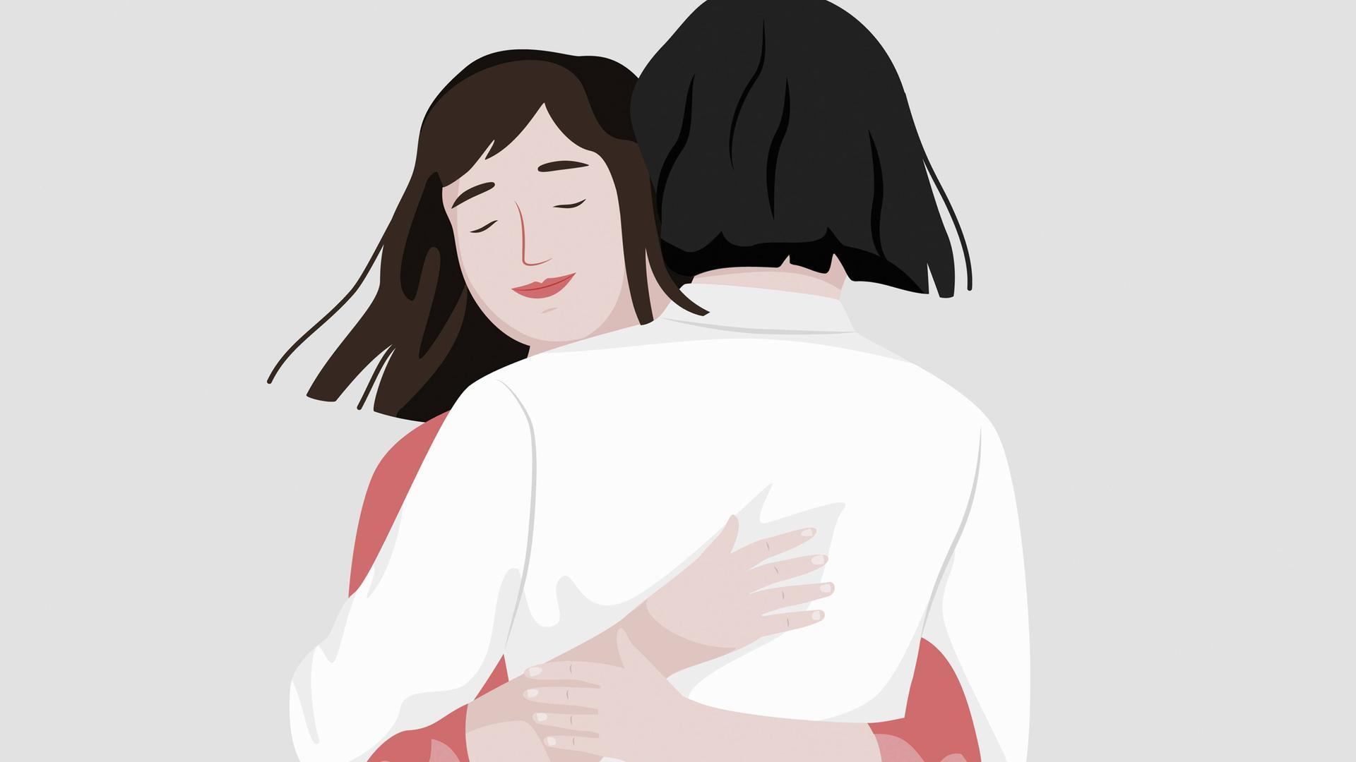 Illustration zweier junger Frauen, die sich umarmen. Eine von ihnen hat ihre Augen geschlossen.
