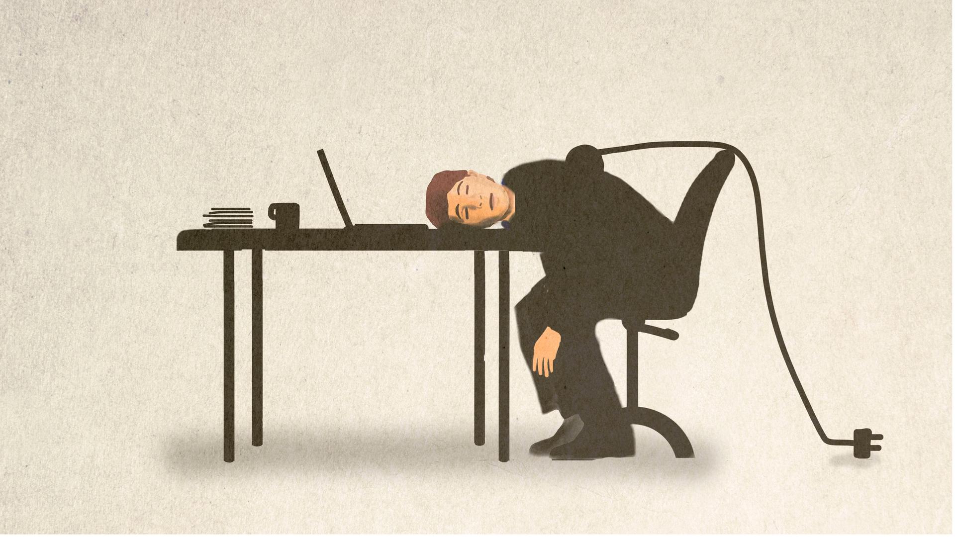 Illustration von einem erschöpften Mann der an einem Schreibtisch vor seinem Laptop sitzt. Aus seinem Rücken kommt ein Kabel, was lose im Raum hängt.