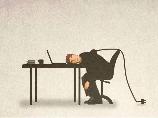 Illustration von einem erschöpften Mann der an einem Schreibtisch vor seinem Laptop sitzt. Aus seinem Rücken kommt ein Kabel, was lose im Raum hängt.