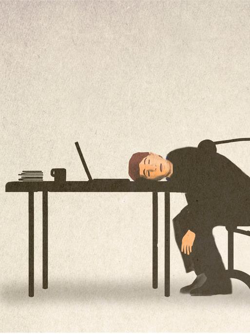 Illustration von einem erschöpften Mann der an einem Schreibtisch vor seinem Laptop sitzt. Aus seinem Rücken kommt ein Kabel, was lose im Raum hängt.